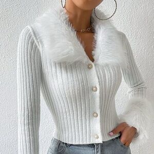 Here is you.White  Women's Furry Collar Long Sleeve Knitted Ribbed Cardigan